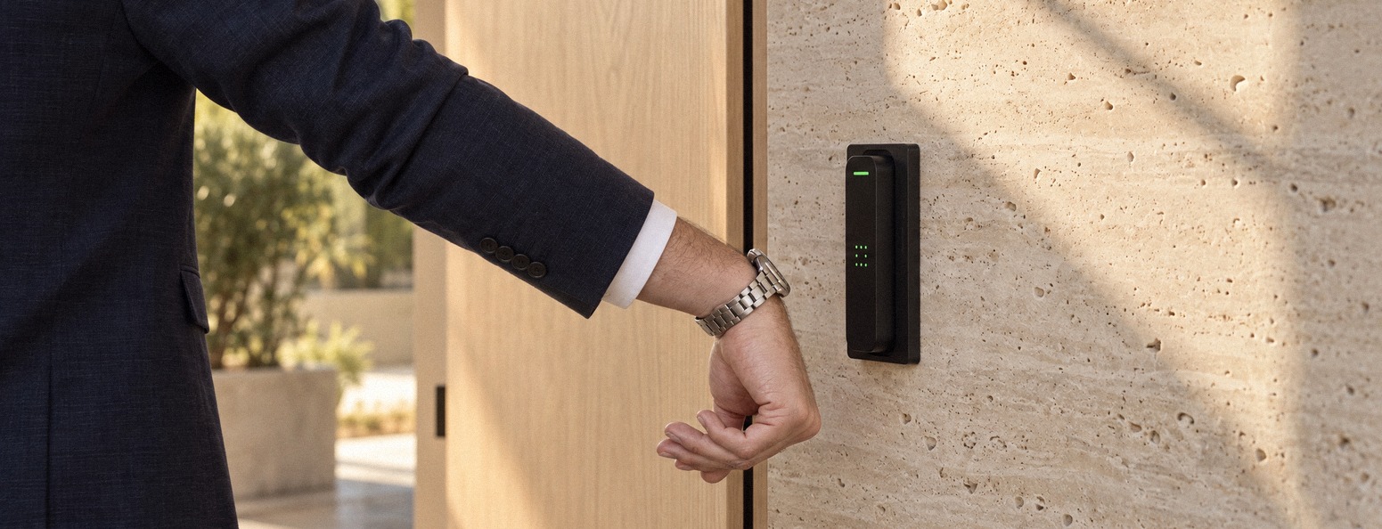 Entry point control: a man in a navy suit raises his wrist to a black access reader beside a pale oak door on a travertine wall