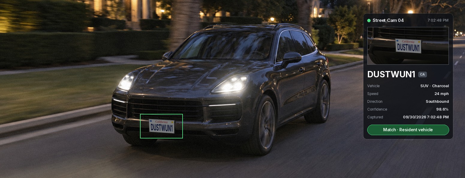 License plate recognition: a street camera reads the plate of a charcoal SUV driving along a residential street at dusk, with the readout panel beside it