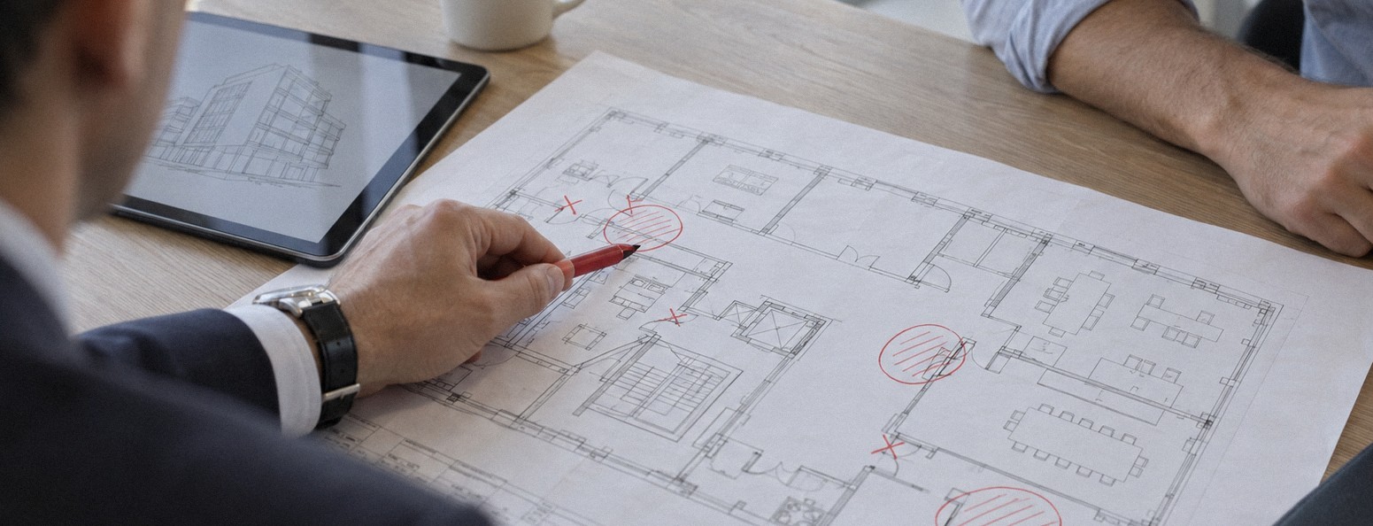 Risk assessment: a security consultant marks vulnerabilities in red on a building floor plan spread across a desk