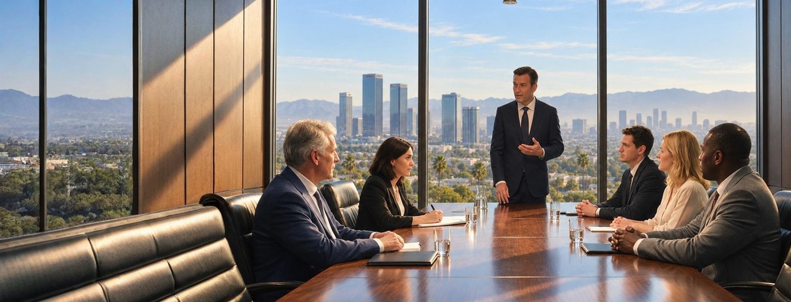 Corporate security consulting: a security consultant in a navy suit briefs five executives around a boardroom table, morning sun and the Los Angeles skyline through the windows