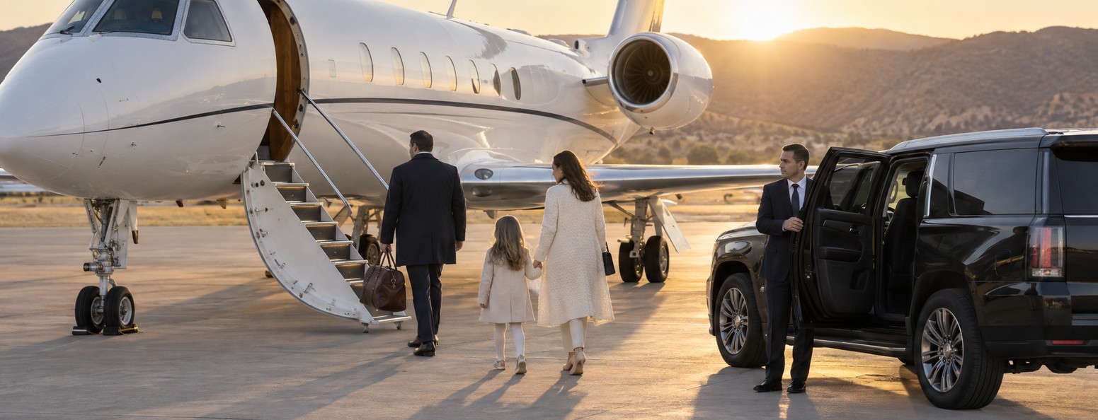 Family office security: a family walks across a private-aviation apron to a jet's airstair at golden hour while a suited agent stands at the open door of a black SUV