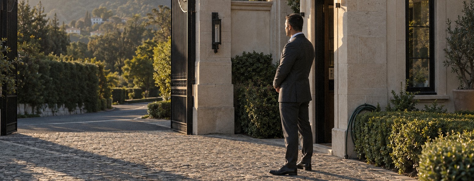Fixed site security: an officer in a charcoal suit stands post outside a limestone gatehouse beside black iron estate gates in late-afternoon sun