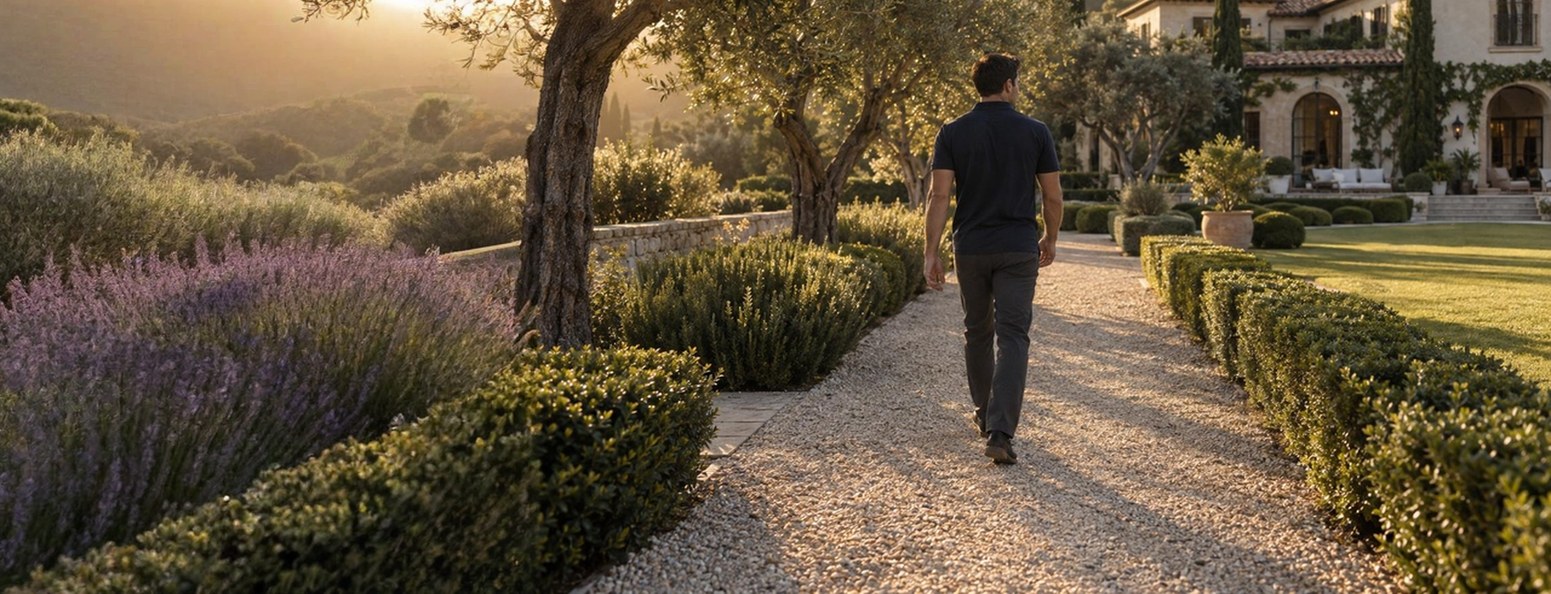 Residential security: an agent in a navy polo walks a gravel garden path between boxwood hedges and olive trees toward a Mediterranean estate in late-afternoon sun